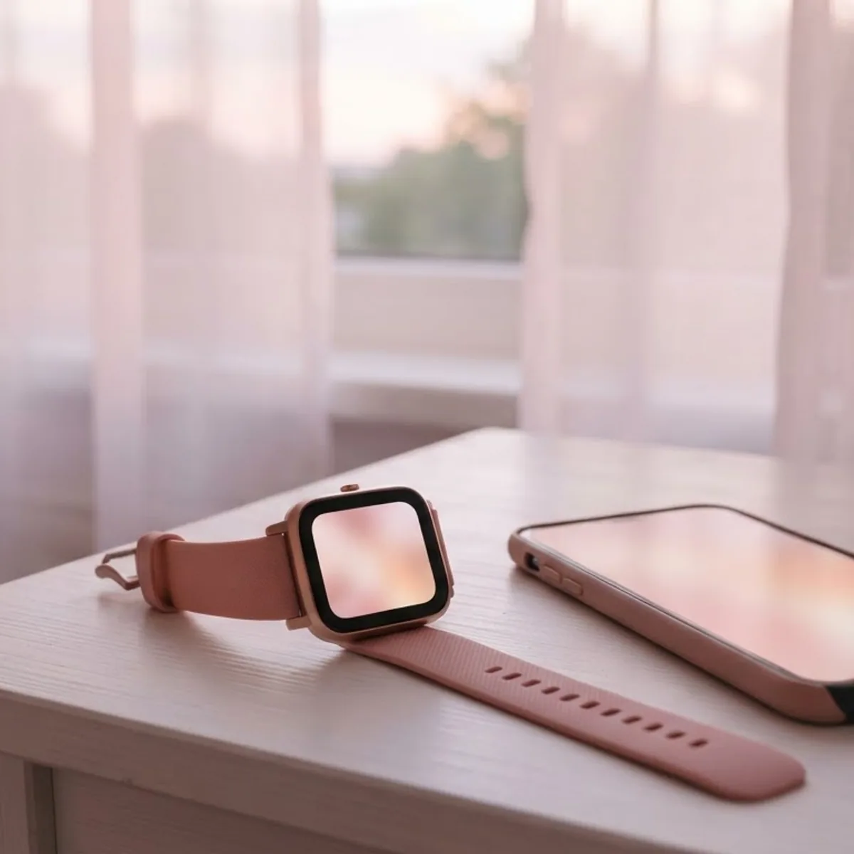 A square fitness watch with a rose band next to a smartphone on a white bedside table in pale dawn light