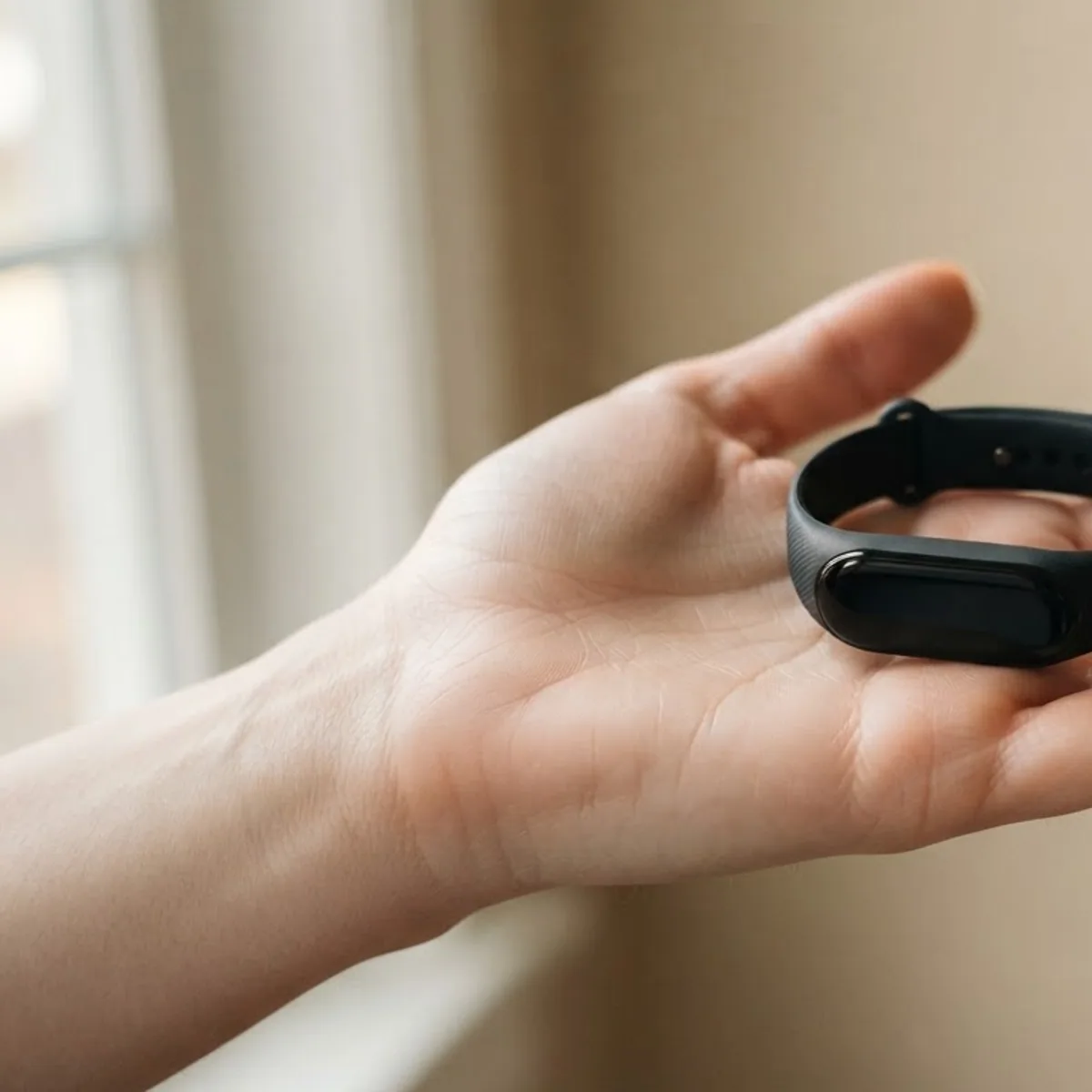 An open palm holding a slim black fitness tracker with a blank screen in soft window light