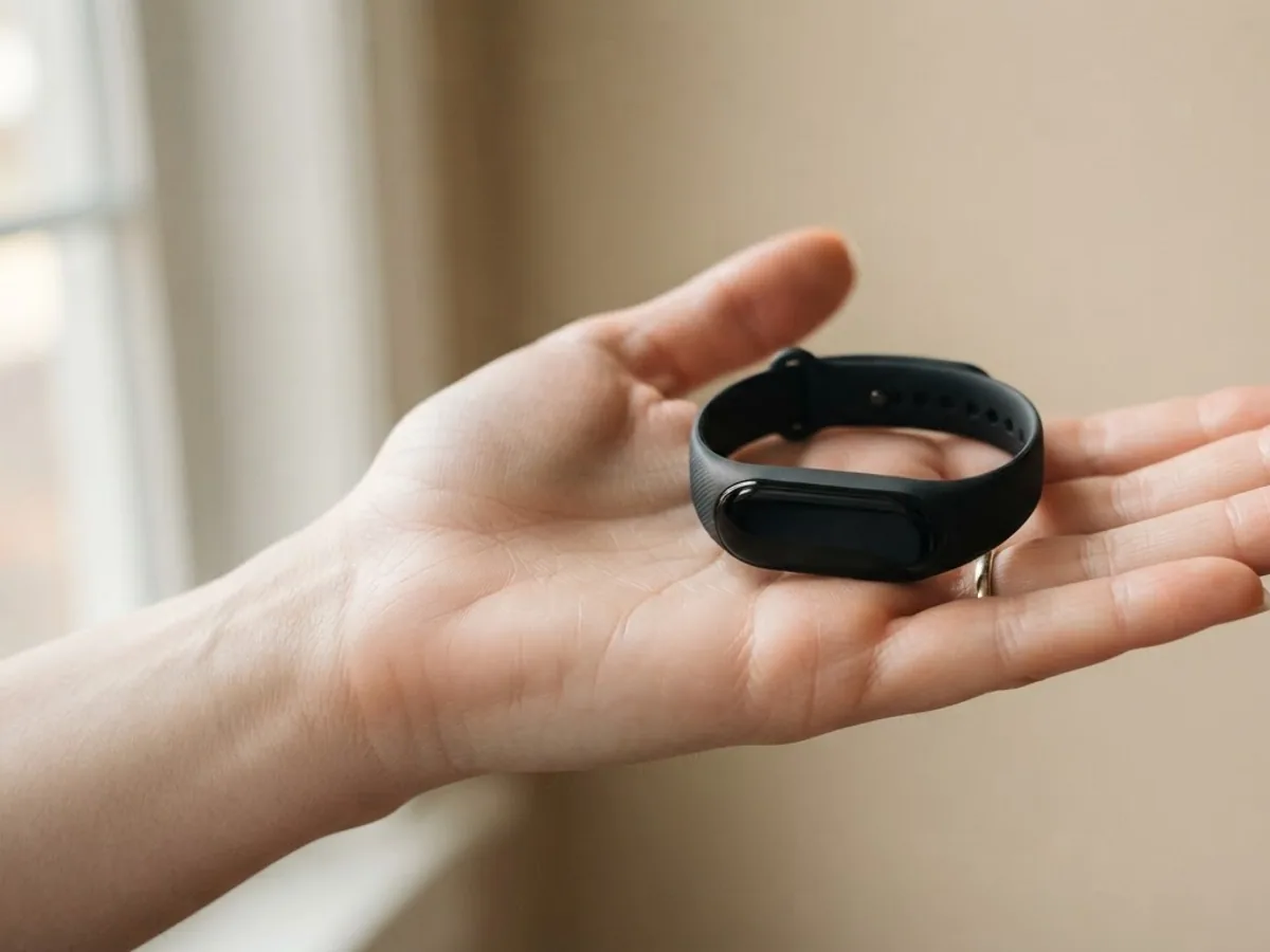 An open palm holding a slim black fitness tracker with a blank screen in soft window light