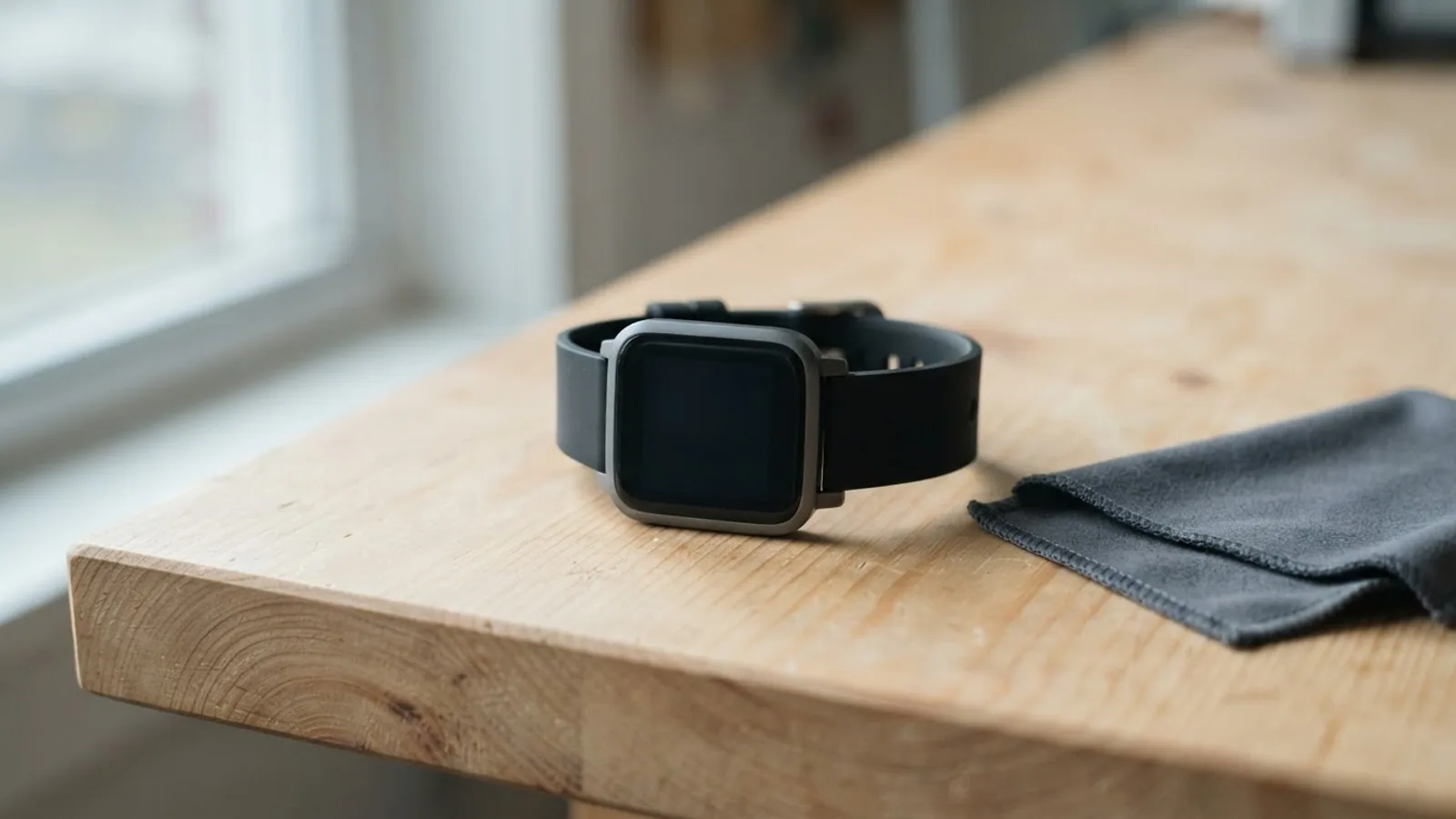 A square fitness watch with a black blank screen on a light wooden workbench next to a grey cleaning cloth