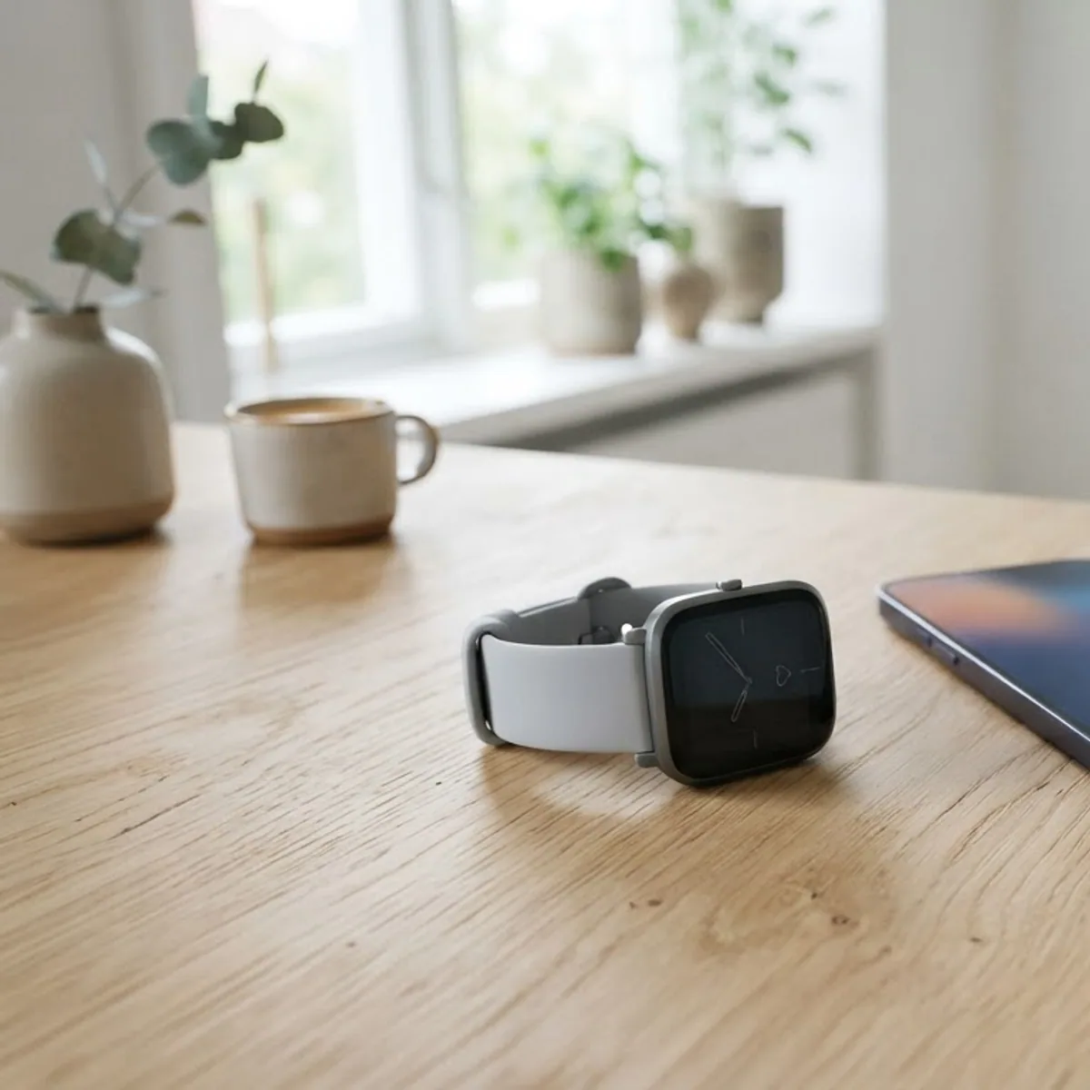 A square fitness watch with a pale grey band lying next to a smartphone on a light oak table