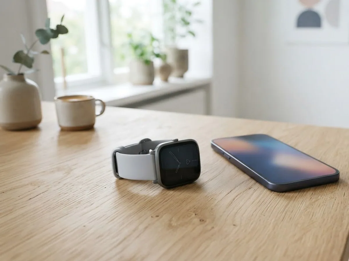 A square fitness watch with a pale grey band lying next to a smartphone on a light oak table