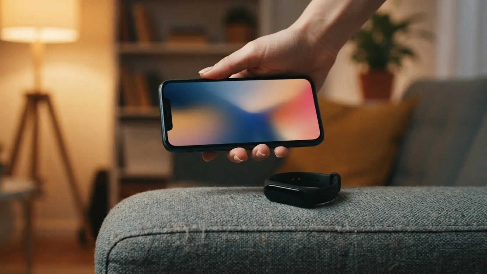 A hand holding a smartphone just above a slim fitness tracker resting on a grey sofa armrest in the evening