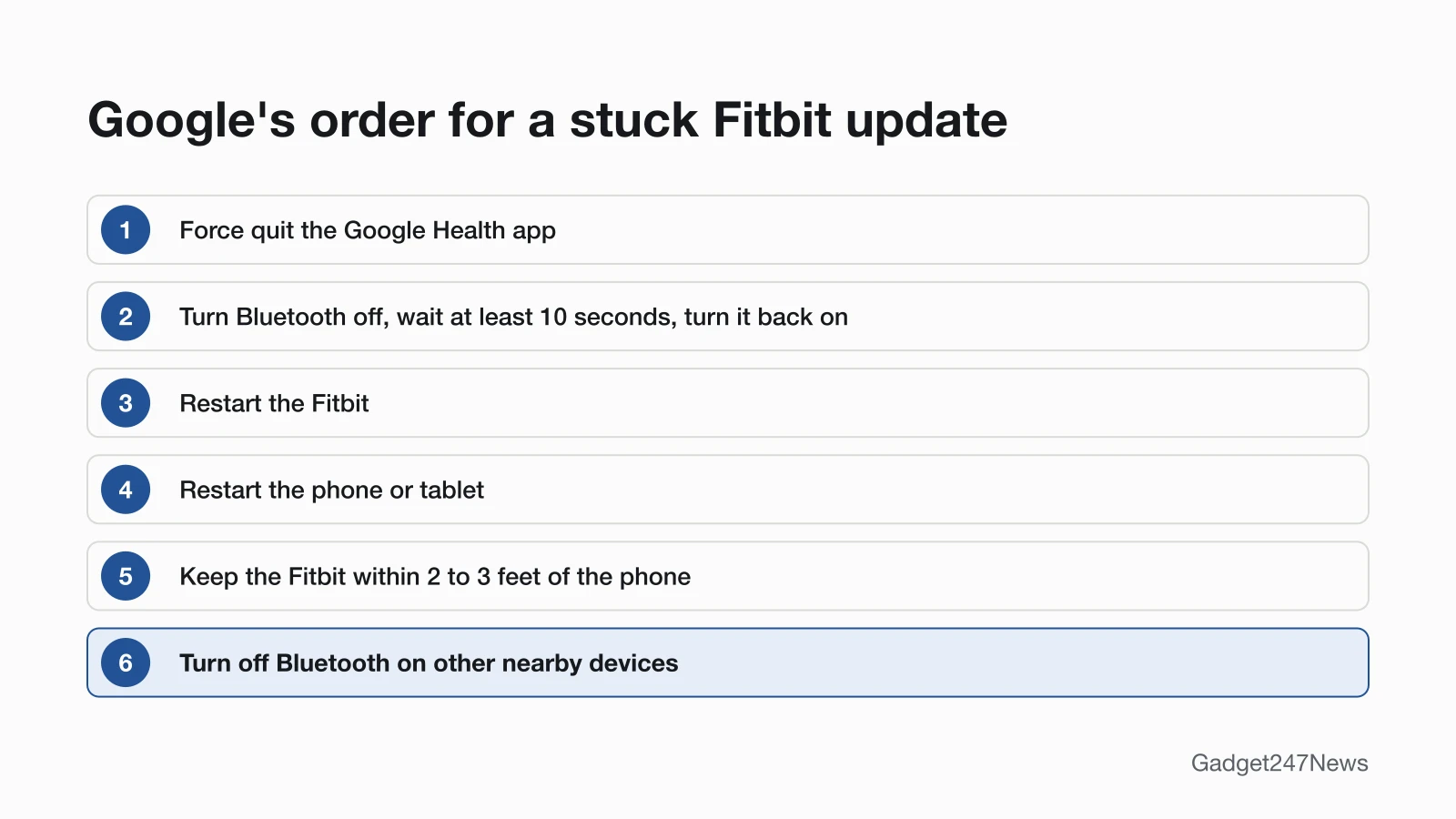 Six steps from Google for a stuck Fitbit update: force quit the Google Health app, turn Bluetooth off for at least 10 seconds, restart the Fitbit, restart the phone, keep the Fitbit within 2 to 3 feet, and turn off Bluetooth on other nearby devices.