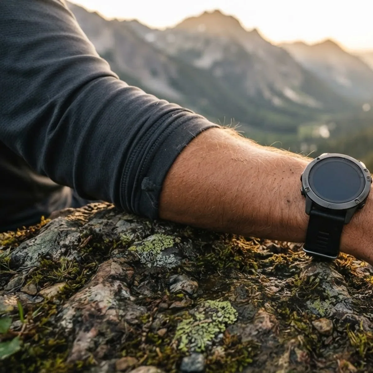 A round sports watch on a hiker's wrist resting on a mossy rock above a mountain valley at sunset