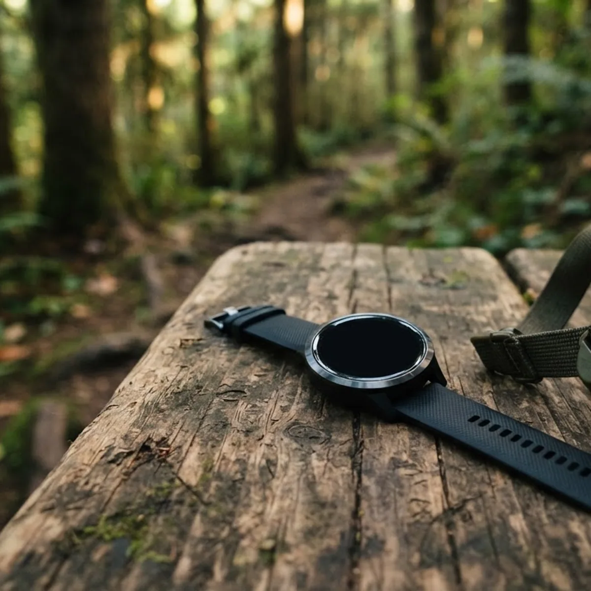 A round sports watch with a dark screen lying on a wooden bench beside a hiking pack on a forest trail