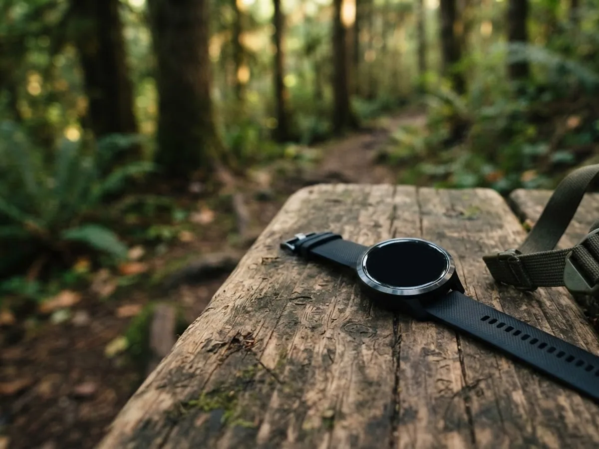 A round sports watch with a dark screen lying on a wooden bench beside a hiking pack on a forest trail