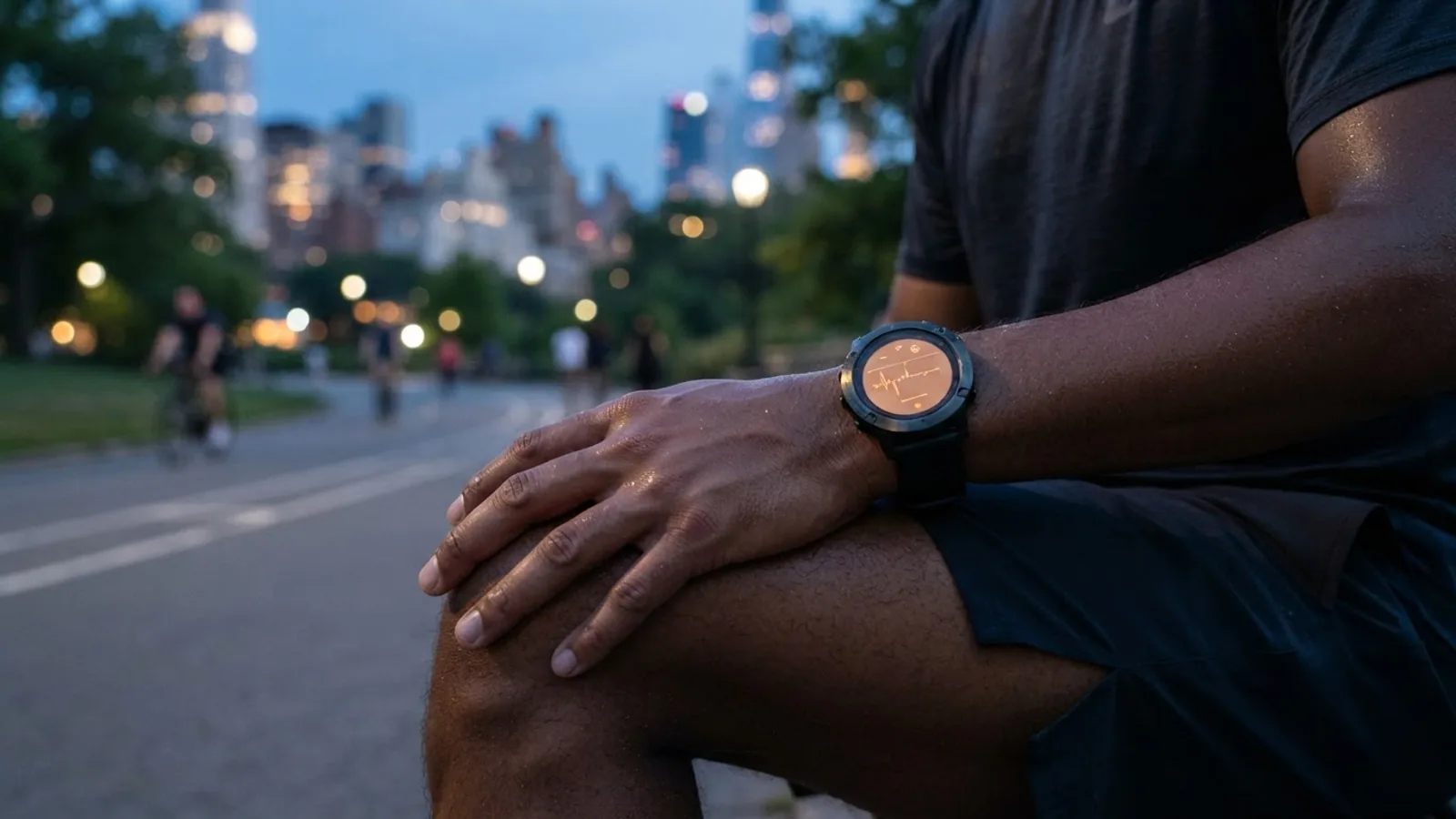 A runner resting a hand on one knee in a city park at dusk, wearing a round sports watch with a dimly lit screen