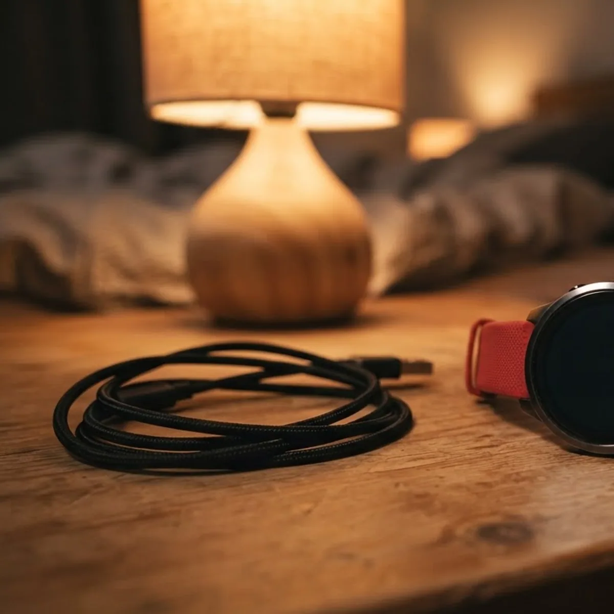 A round sports watch with a red strap on a bedside table next to a coiled black cable, lit by a warm lamp