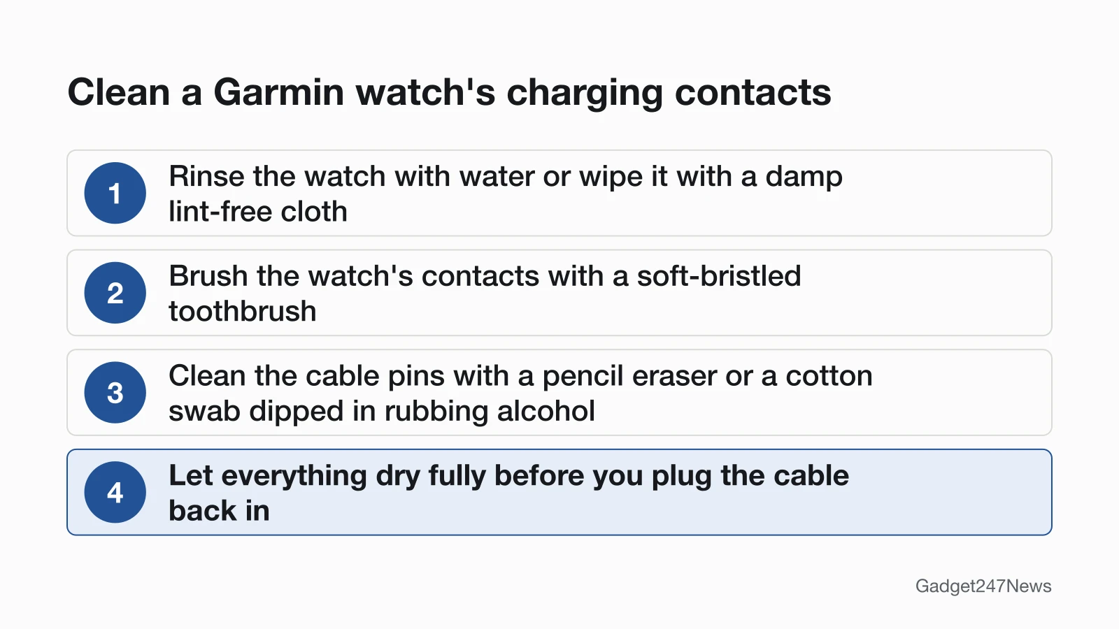 Four steps to clean a Garmin watch's charging contacts: rinse the watch with water or wipe it with a damp lint-free cloth, brush the contacts with a soft-bristled toothbrush, clean the cable pins with a pencil eraser or a cotton swab dipped in rubbing alcohol, then let everything dry fully before plugging the cable back in.