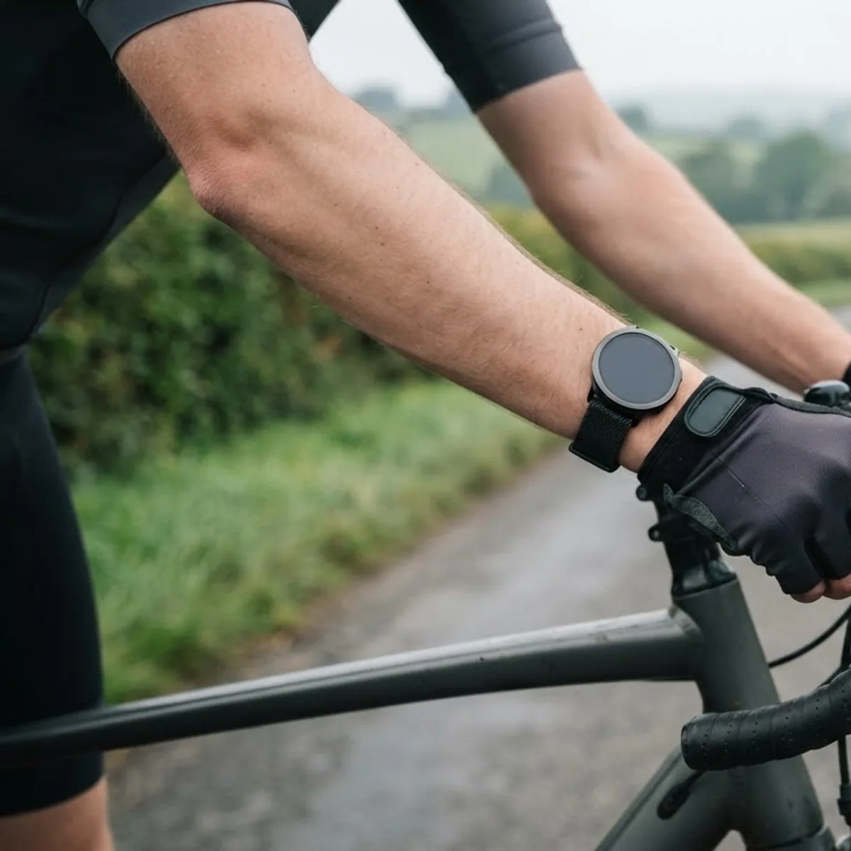 A cyclist's wrist with a round sports watch, gloved hands on the handlebars on a quiet country road