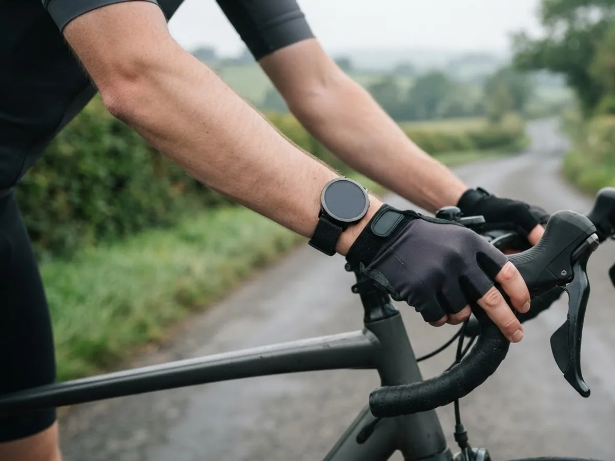 A cyclist's wrist with a round sports watch, gloved hands on the handlebars on a quiet country road