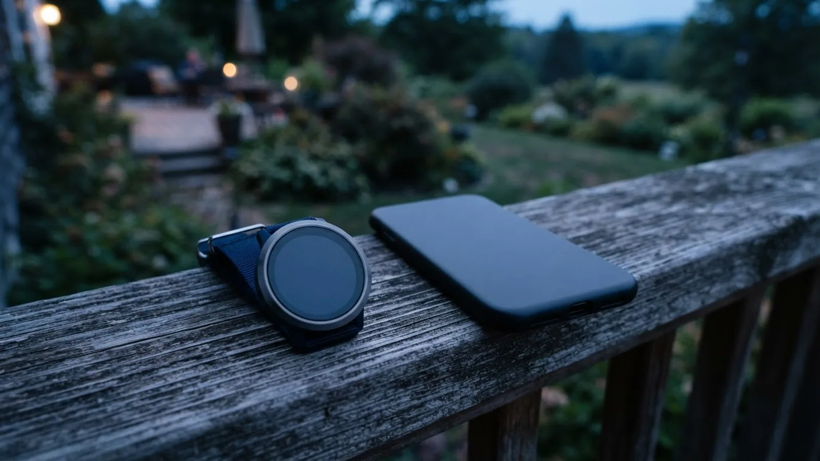 A round watch with a navy strap and a phone lying on a weathered porch railing at dusk, with a garden behind