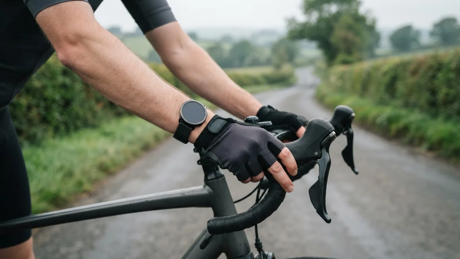 A cyclist's wrist with a round sports watch, gloved hands on the handlebars on a quiet country road