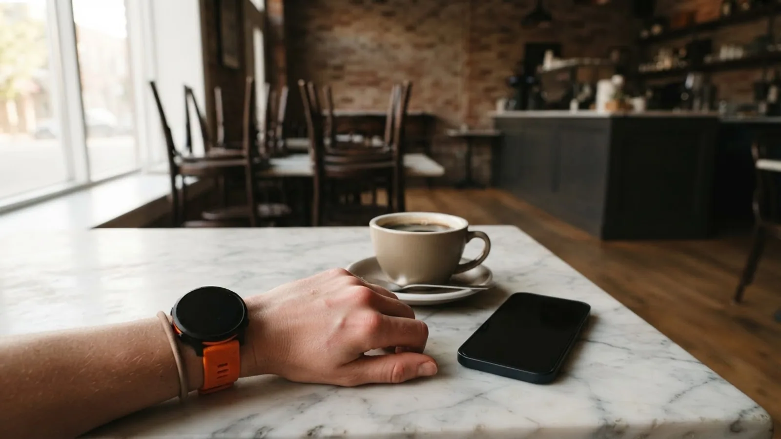 A wrist wearing a round watch with an orange strap on a marble cafe table beside a coffee cup and a phone