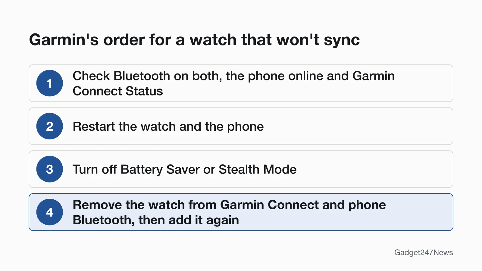 Four steps in Garmin's order for a watch that won't sync: check Bluetooth, the phone's connection and Garmin Connect Status; restart both devices; turn off Battery Saver or Stealth Mode; remove the watch and add it again.