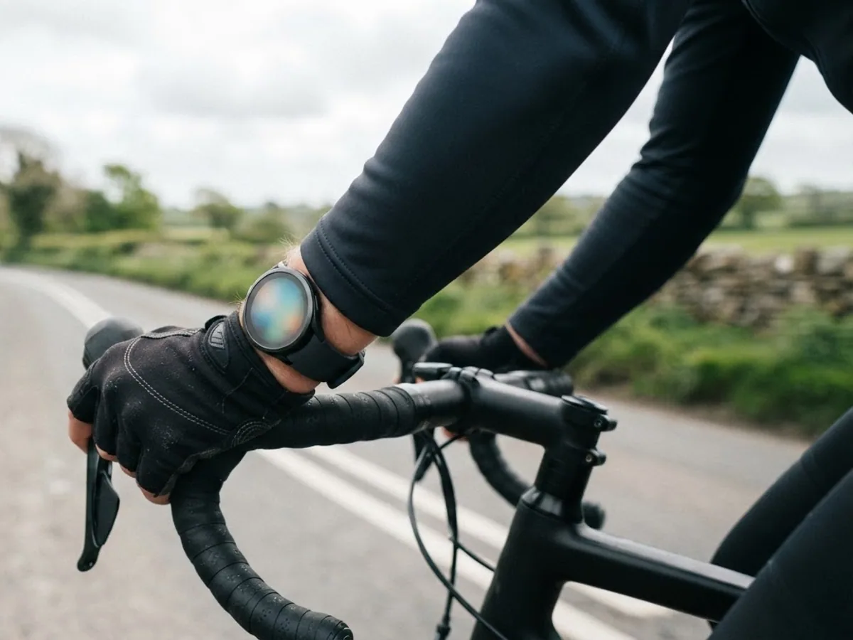 A cyclist's gloved hand on a road bike handlebar with a round sports watch lit up on the wrist