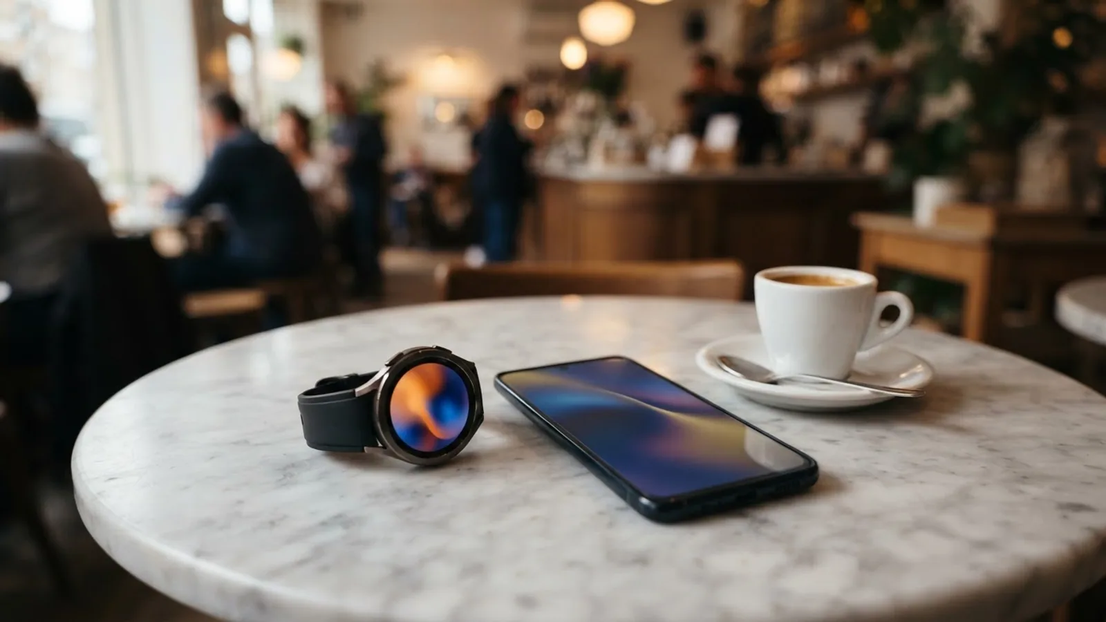 A round sports watch and a smartphone with lit screens side by side on a marble cafe table next to an espresso