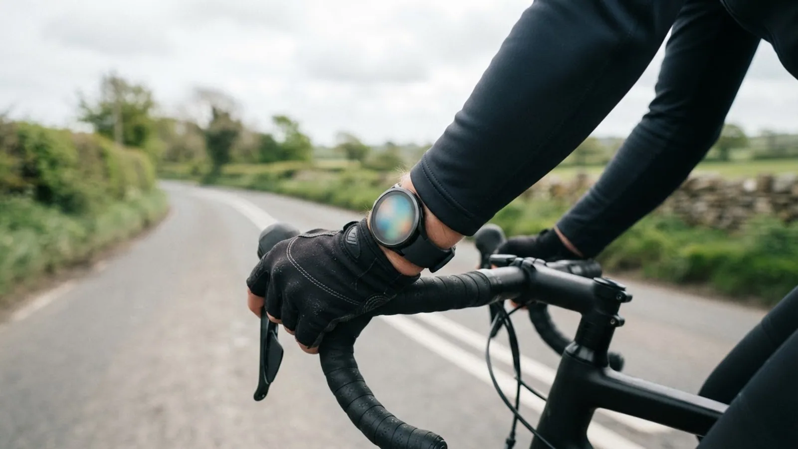 A cyclist's gloved hand on a road bike handlebar with a round sports watch lit up on the wrist