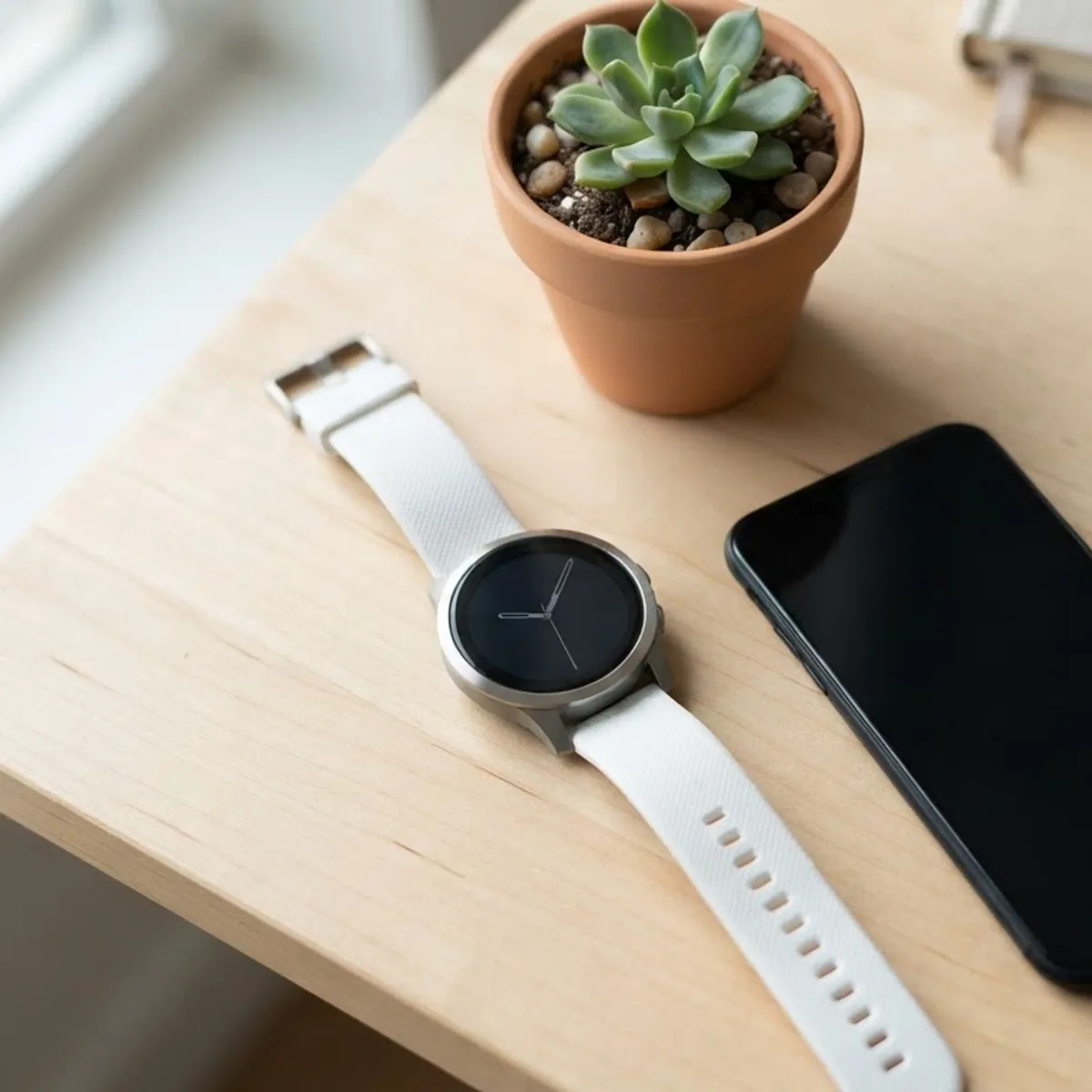 A round watch with a white strap lying next to a phone on a light wooden desk, with a small succulent nearby