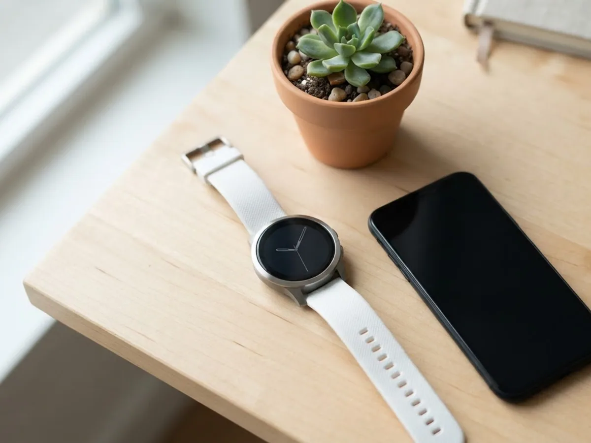 A round watch with a white strap lying next to a phone on a light wooden desk, with a small succulent nearby