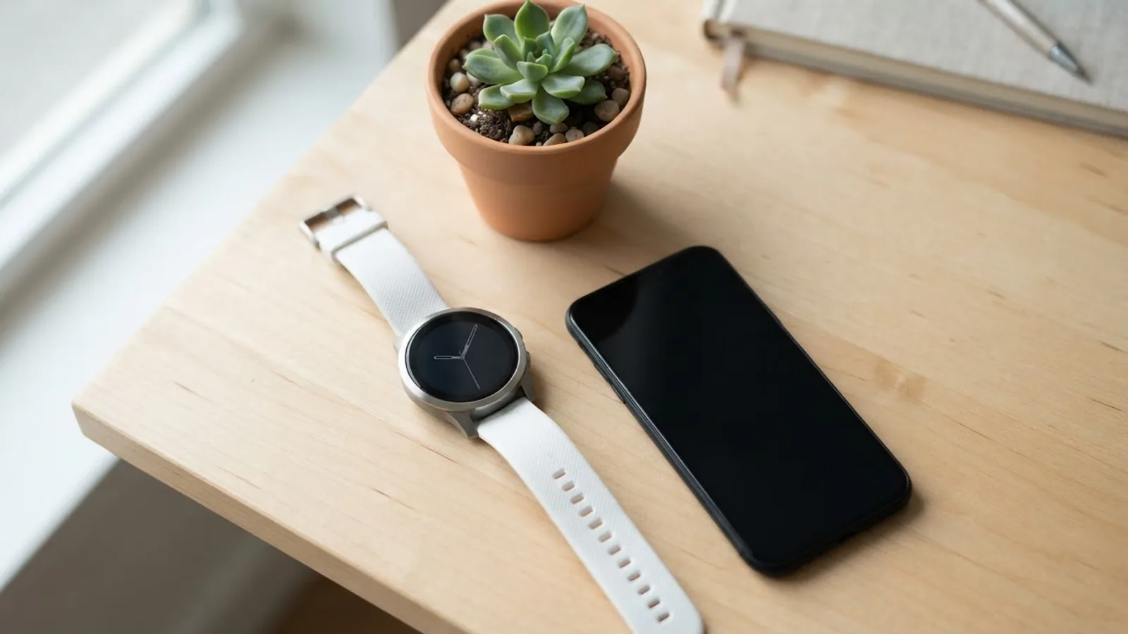 A round watch with a white strap lying next to a phone on a light wooden desk, with a small succulent nearby