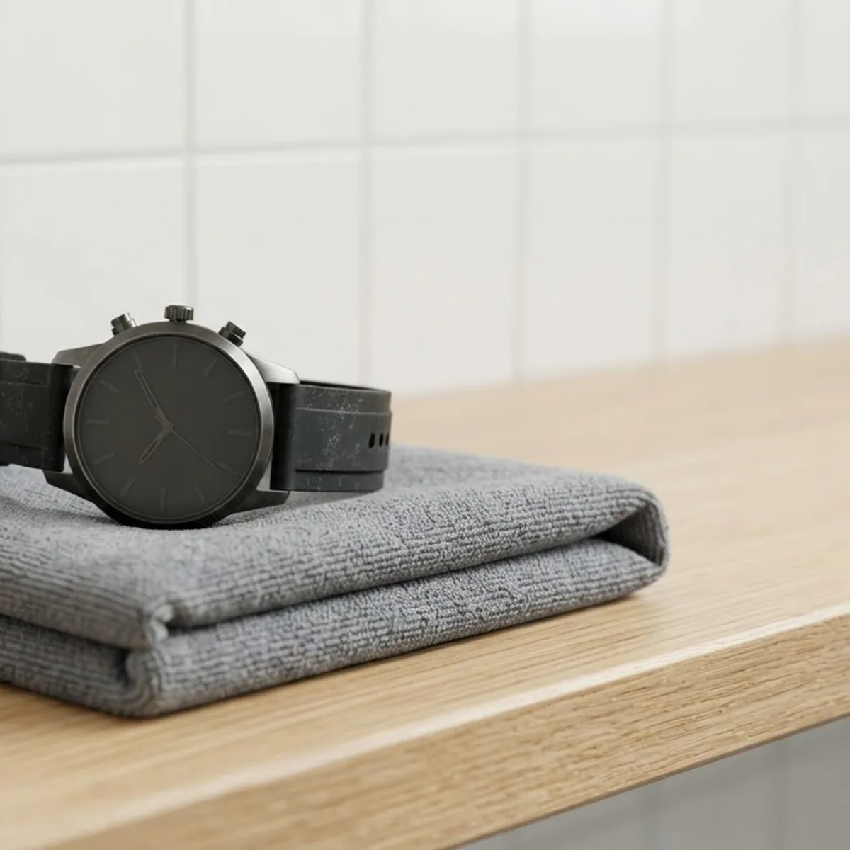 A round black watch resting on a folded grey towel on a wooden bench against a white tiled wall