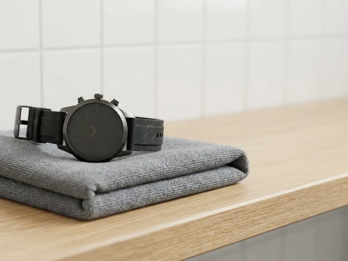 A round black watch resting on a folded grey towel on a wooden bench against a white tiled wall
