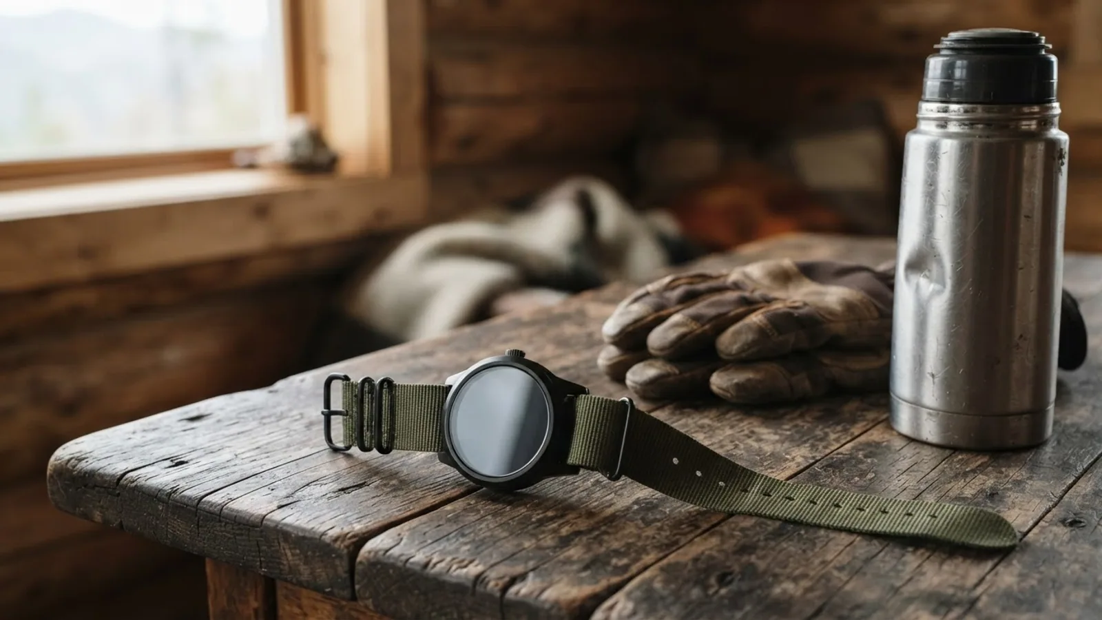 A round watch with an olive green strap on a rustic cabin table next to hiking gloves and a steel thermos