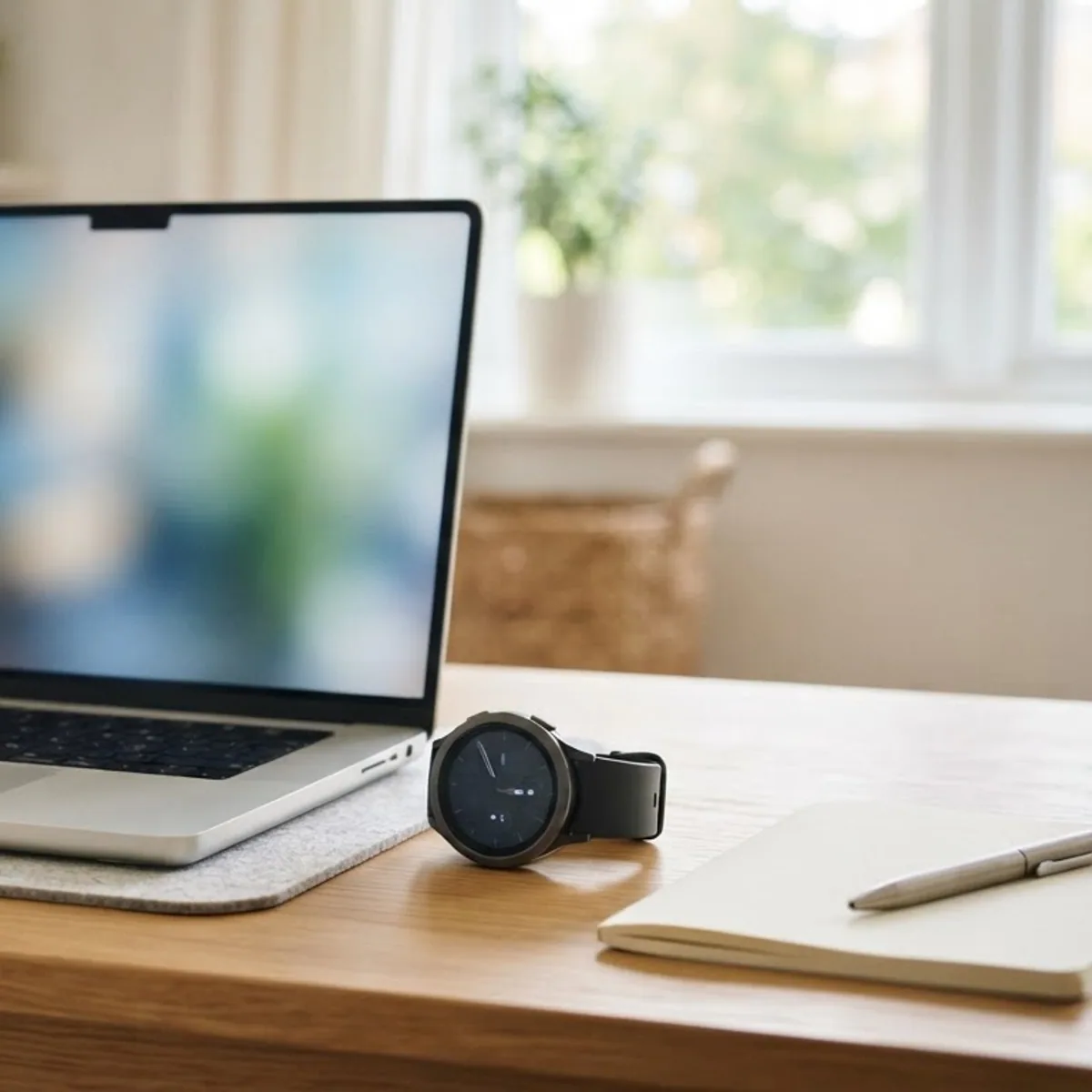 A round sports watch resting beside an open laptop on a wooden home office desk