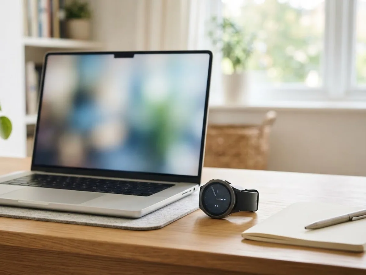 A round sports watch resting beside an open laptop on a wooden home office desk