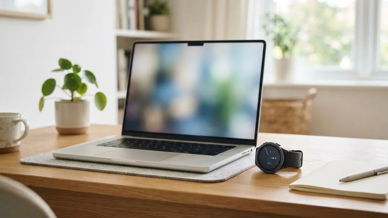 A round sports watch resting beside an open laptop on a wooden home office desk