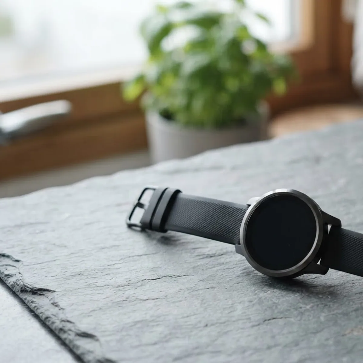 A round sports watch with a blank black screen on a slate counter next to a cup of coffee