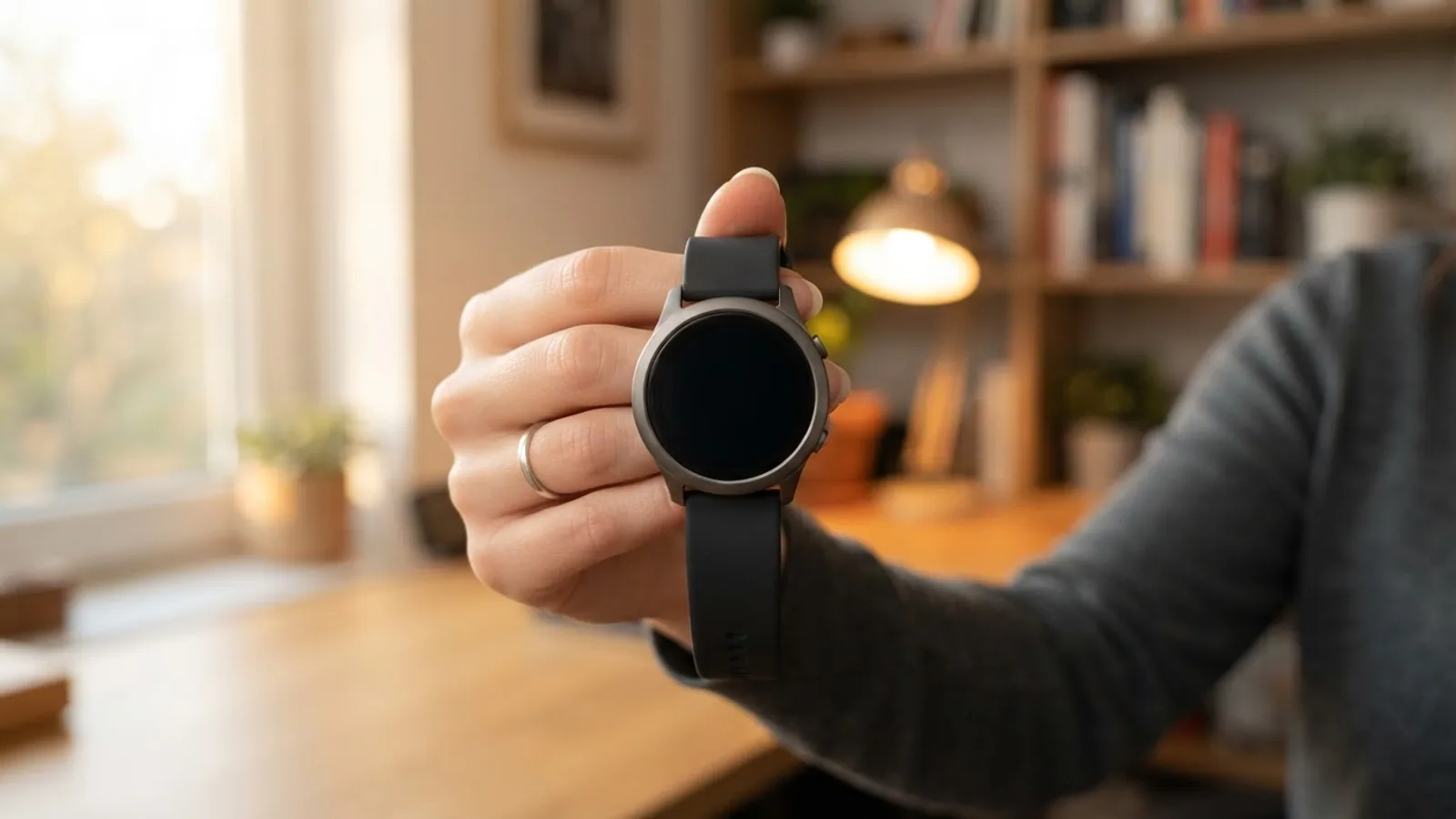 A hand holding up a round sports watch with a completely black screen in a home office