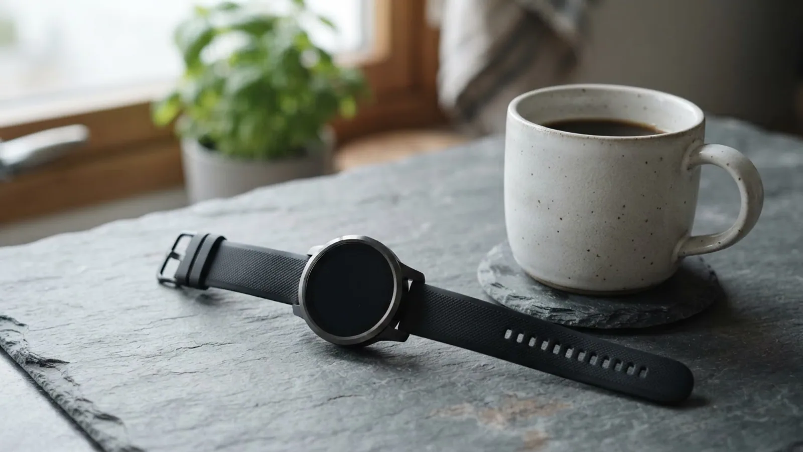 A round sports watch with a blank black screen on a slate counter next to a cup of coffee