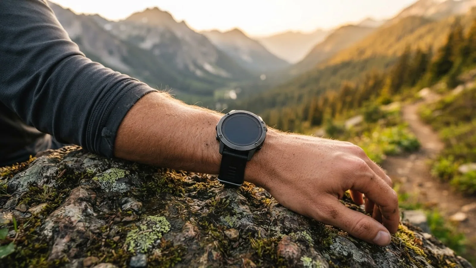 A round sports watch on a hiker's wrist resting on a mossy rock above a mountain valley at sunset