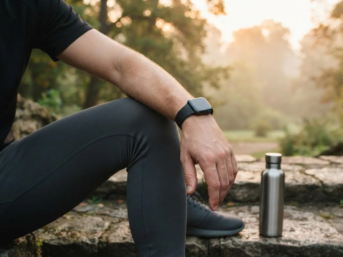 A forearm resting on a knee after a run, with a square smartwatch on the wrist, on stone park steps at sunrise.