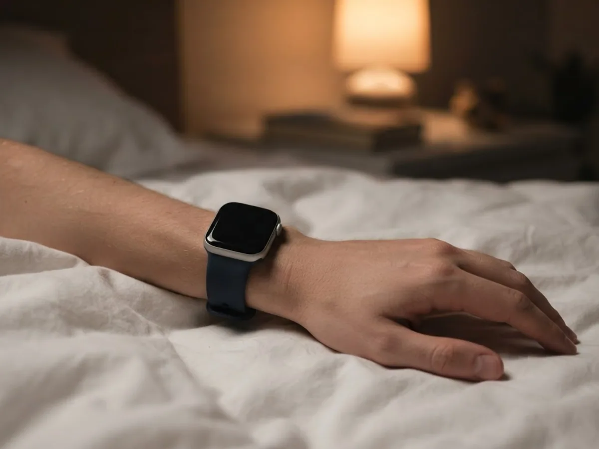 A wrist wearing a square smartwatch resting on white bed sheets under the warm glow of a bedside lamp.