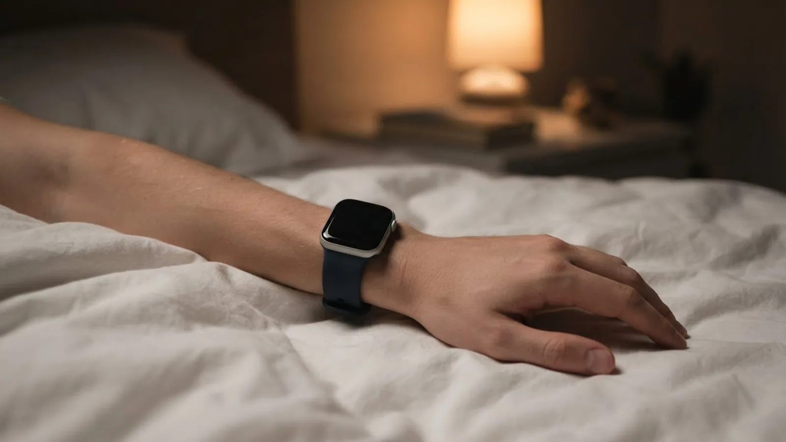 A wrist wearing a square smartwatch resting on white bed sheets under the warm glow of a bedside lamp.