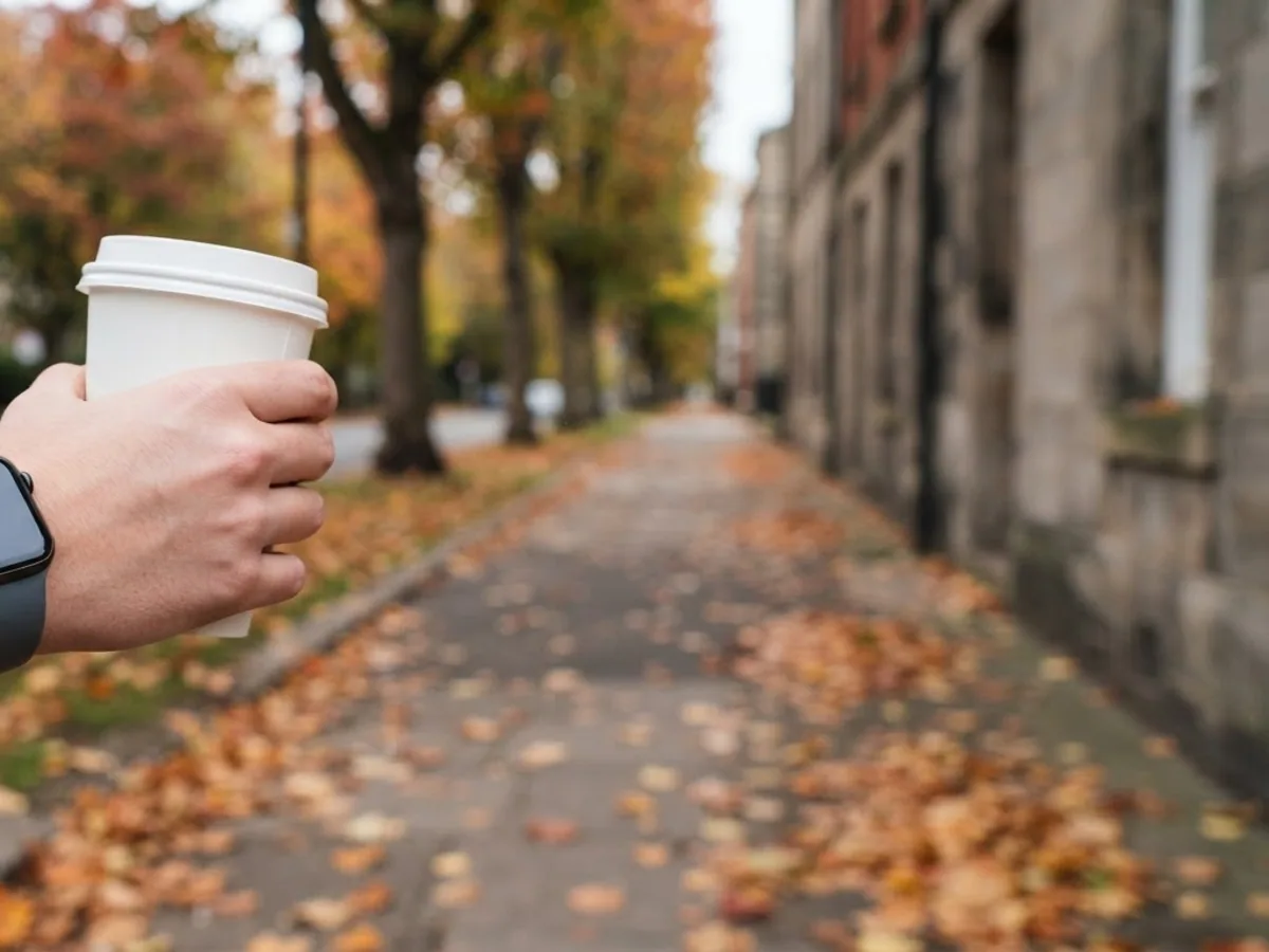A hand holding a plain coffee cup, with a square smartwatch on the wrist, on a leafy city pavement in autumn.