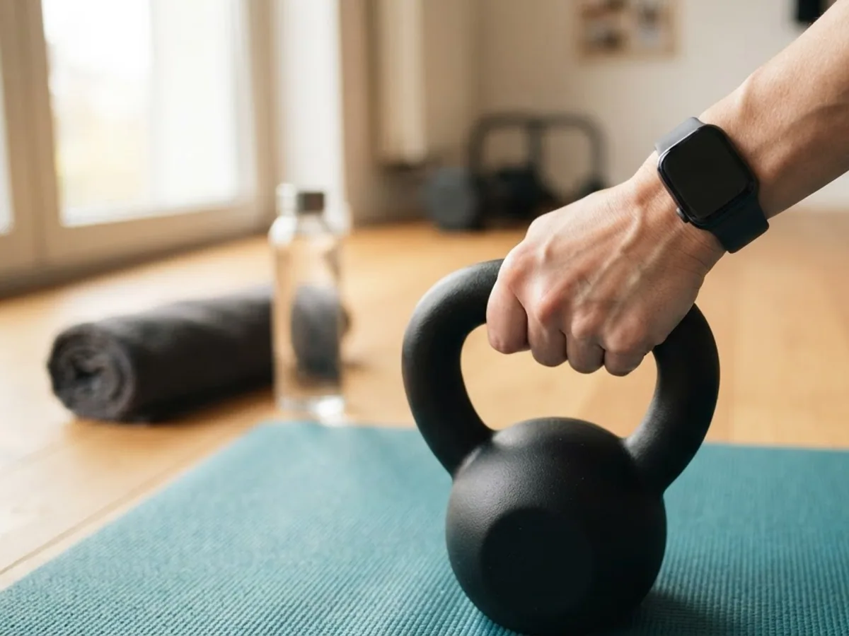 A hand gripping a kettlebell on a yoga mat, with a square smartwatch on the wrist, in a bright home gym.