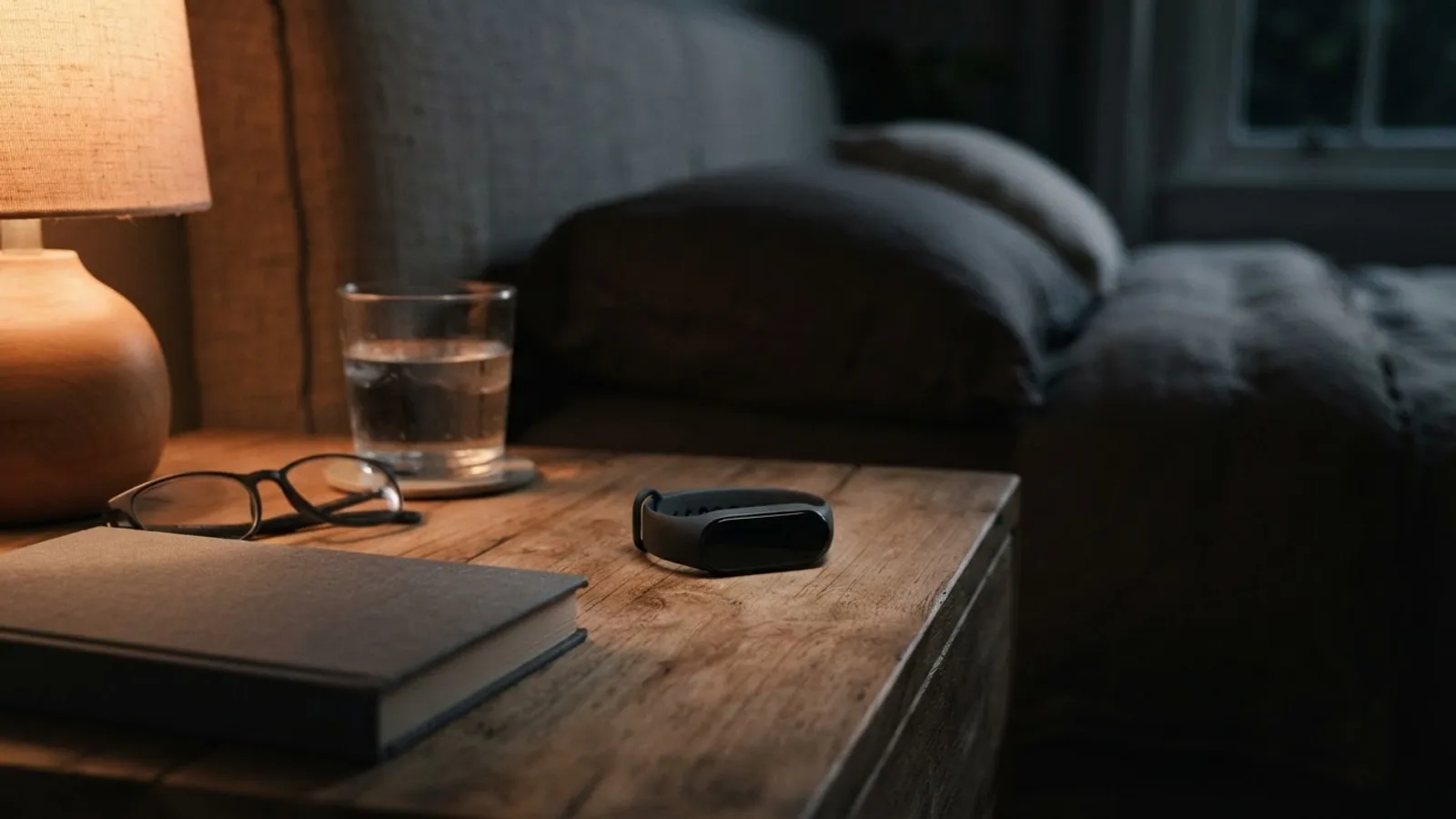 A slim fitness tracker band lying on a wooden nightstand next to a glass of water, reading glasses and a closed book.
