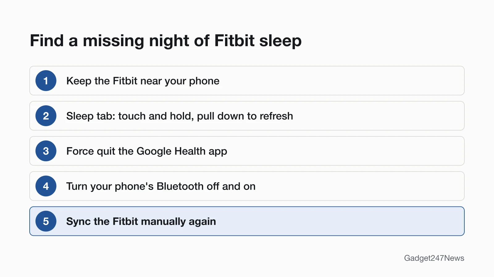 Five steps to find a missing Fitbit sleep session: keep the Fitbit near your phone, refresh the Sleep tab, force quit the Google Health app, turn your phone's Bluetooth off and on, then sync again.