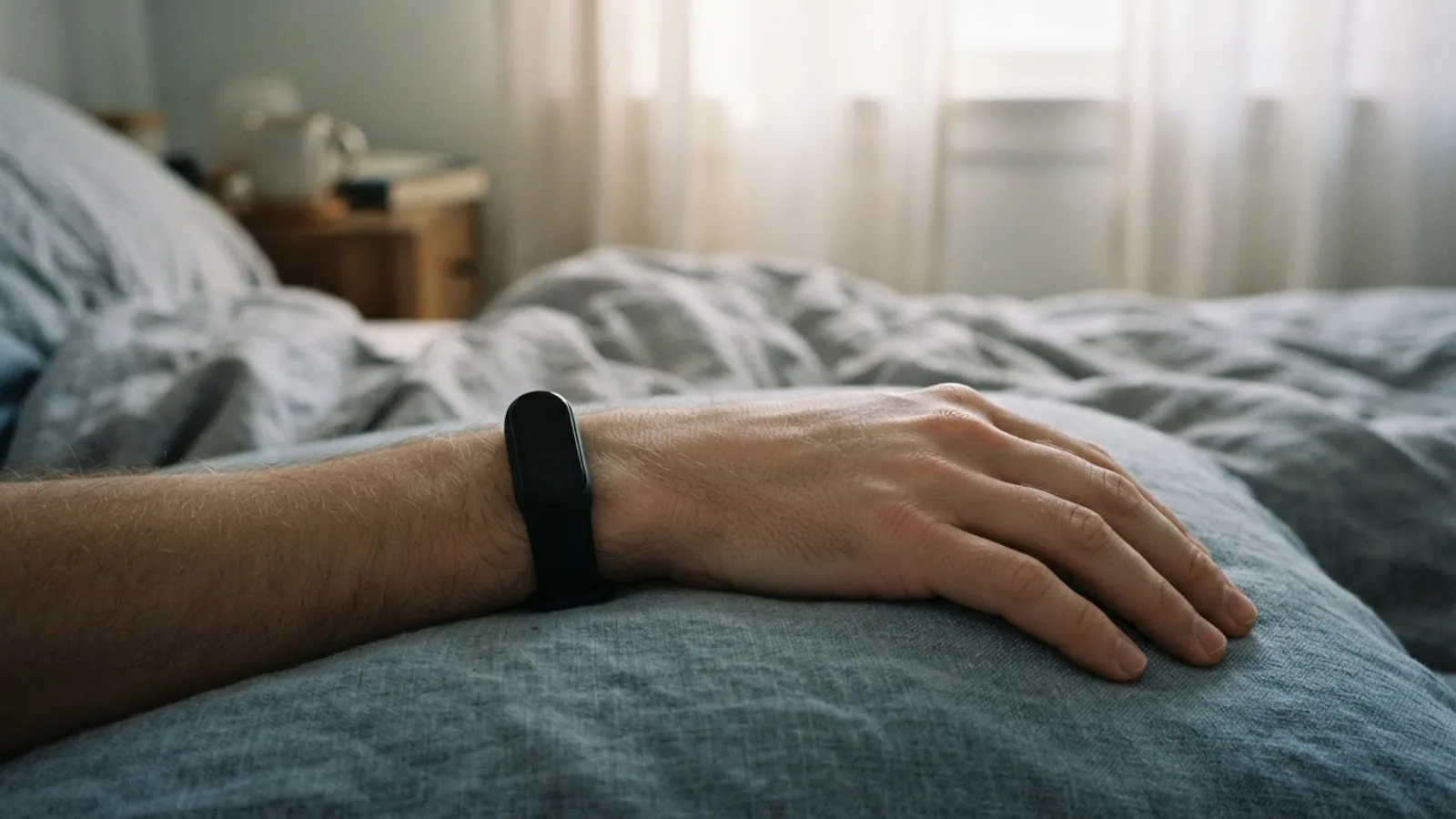 A wrist wearing a slim fitness tracker band resting on a blue grey pillow in pale morning light.