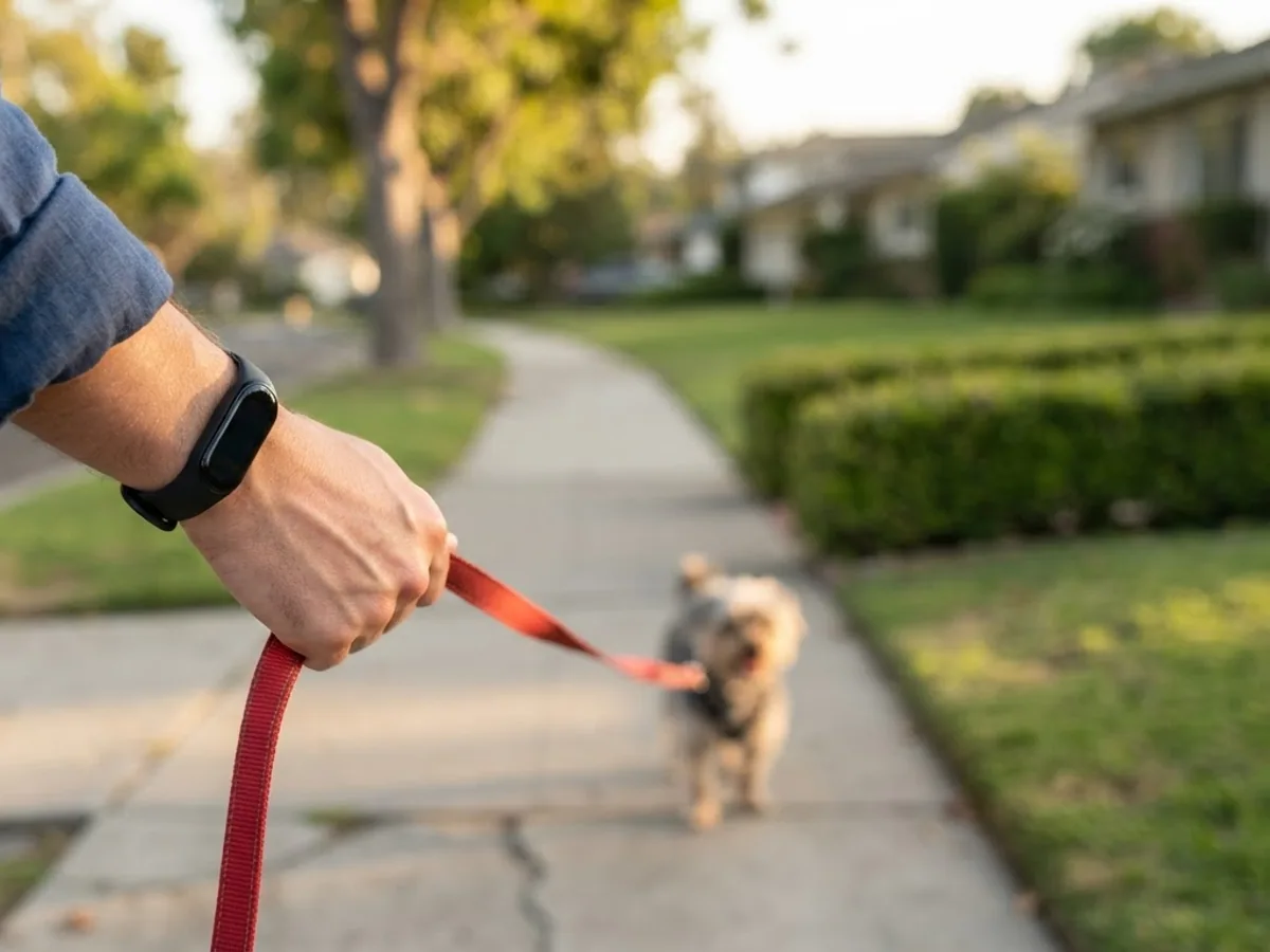 A hand holding a dog leash on a suburban sidewalk, with a slim fitness tracker band on the wrist.