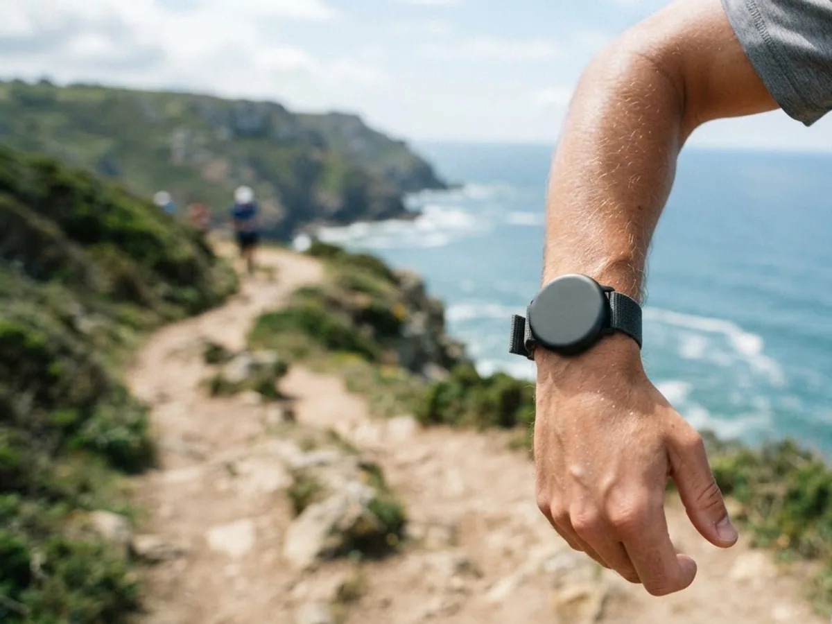 A runner's forearm with a round sport watch on the wrist, on a coastal trail above the sea.