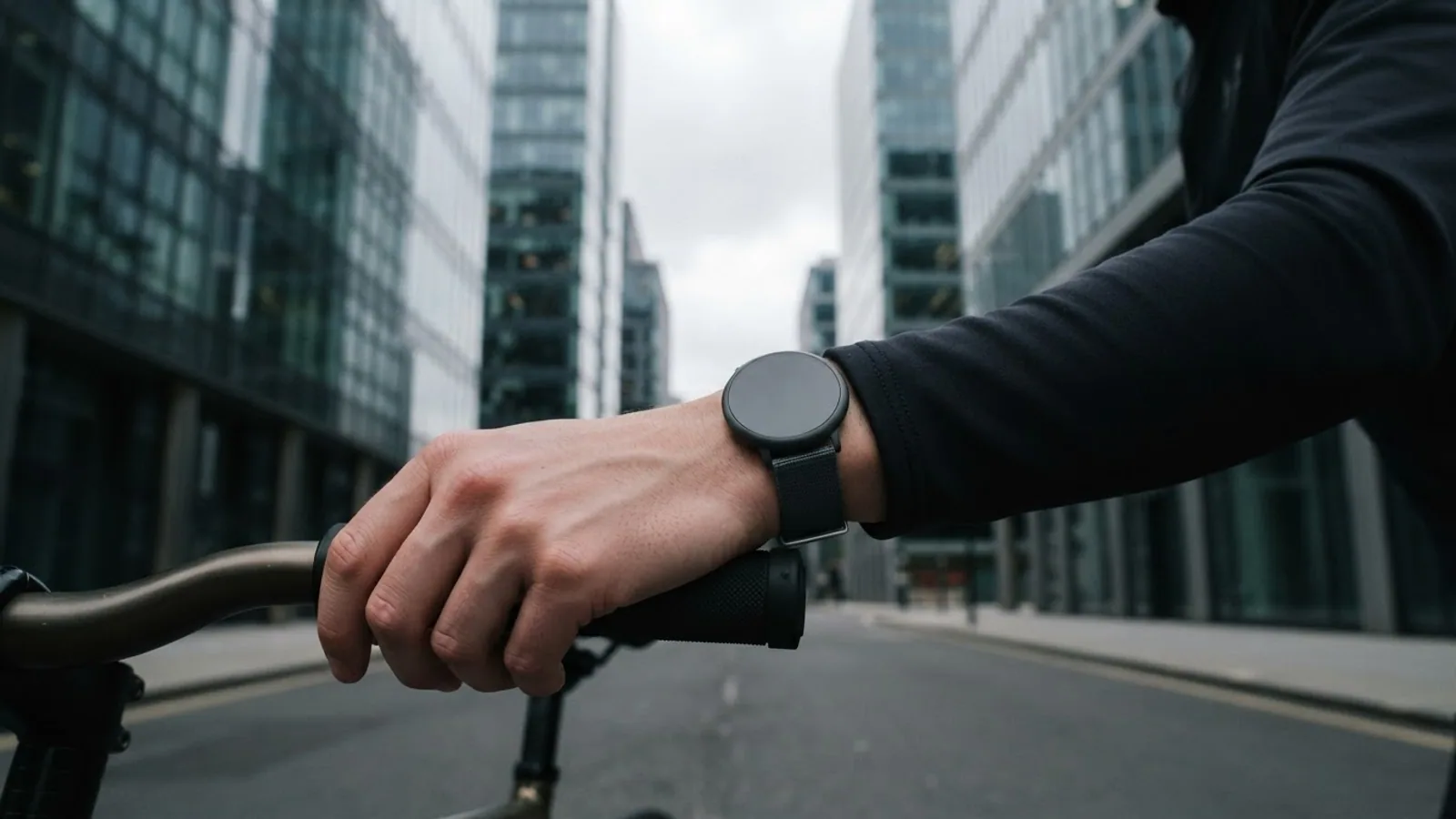 A hand on a bicycle handlebar, with a round sport watch on the wrist, in a street between tall glass buildings.