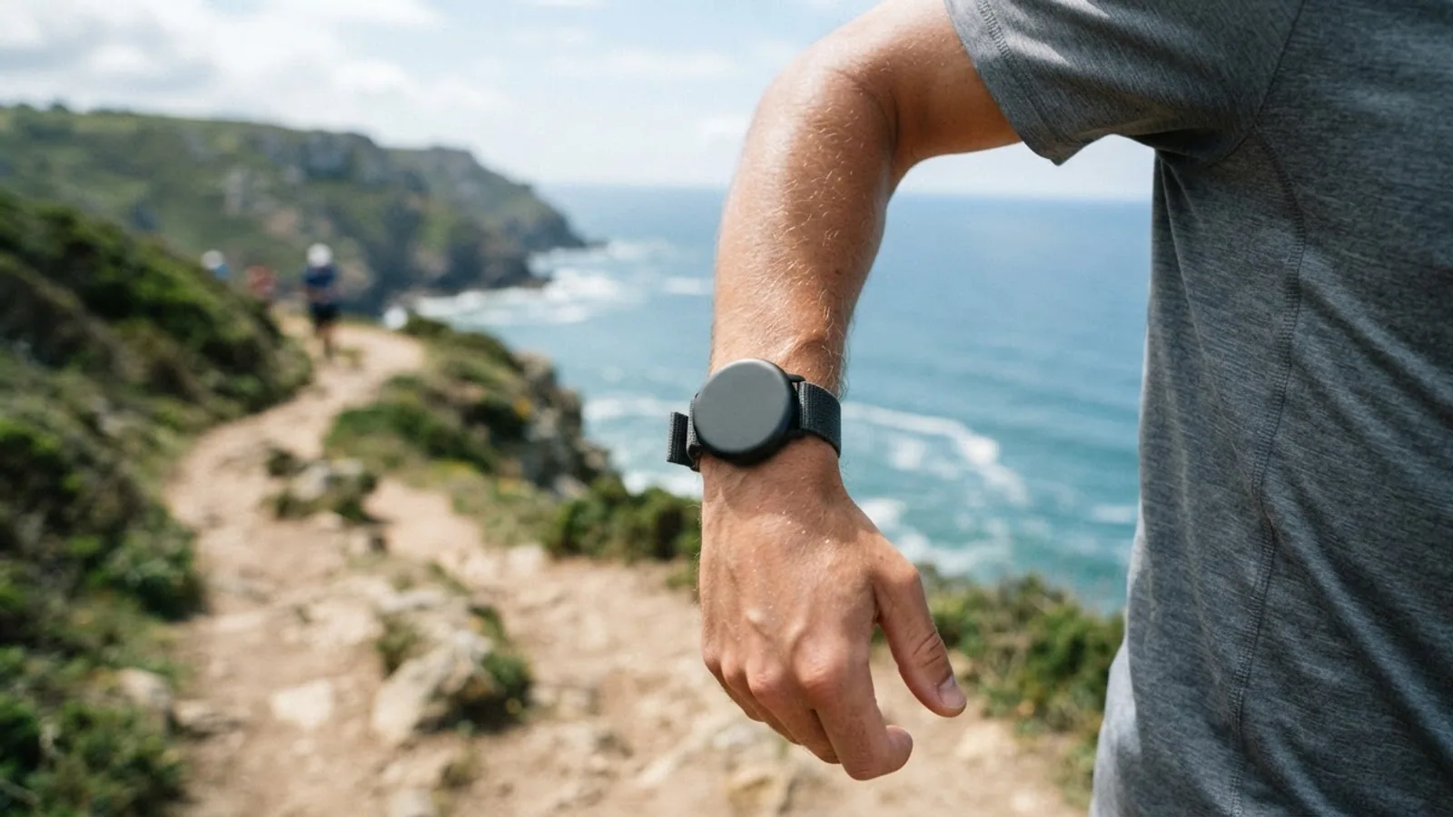 A runner's forearm with a round sport watch on the wrist, on a coastal trail above the sea.