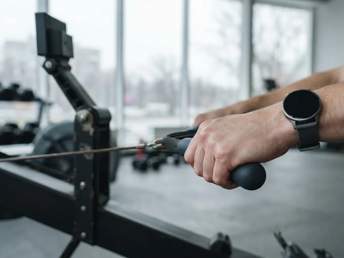 A hand gripping a rowing machine handle, with a round smartwatch on the wrist, in a gym.