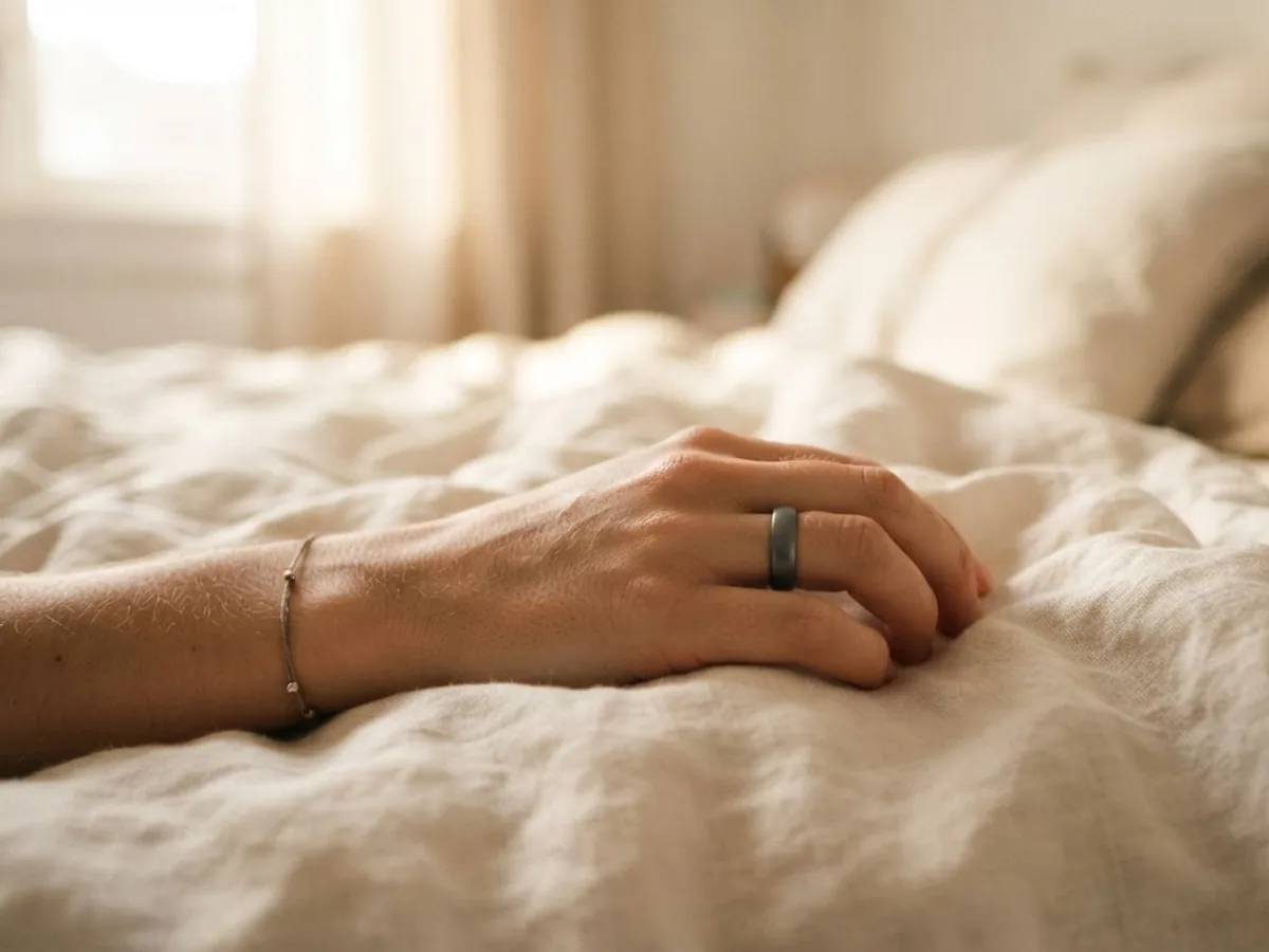 A relaxed hand wearing a plain dark ring resting on a cream linen duvet in soft morning light.